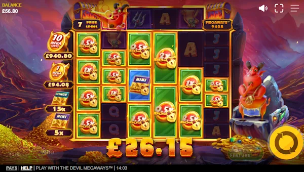 Screenshot of Play With the Devil Megaways slot demo showing reels and bonus game features