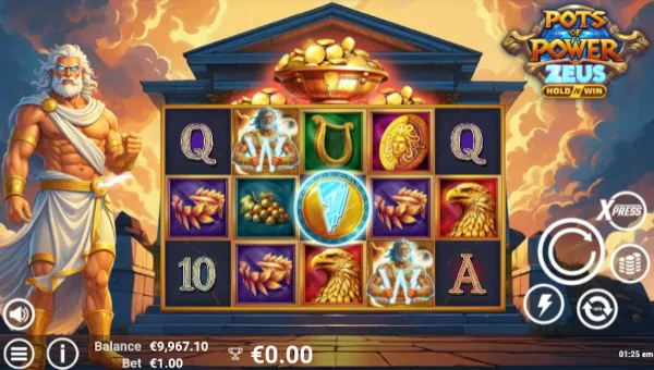 Pots of Power Zeus base game screenshot showing reels and features