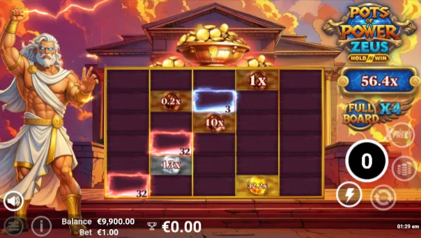 Screenshot of Pots of Power Zeus slot demo showing reels and bonus game features