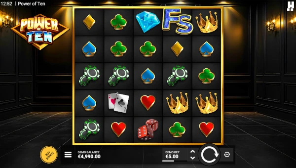 Power of Ten base game screenshot showing reels and features