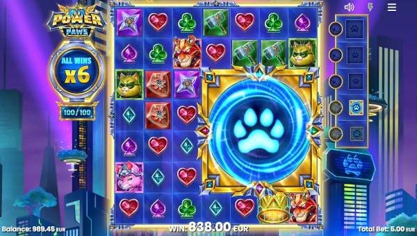 Screenshot of Power Paws slot demo showing reels and bonus game features