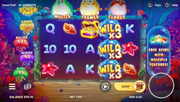 Power Puff base game screenshot showing reels and features