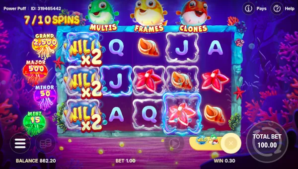Screenshot of Power Puff slot demo showing reels and bonus game features