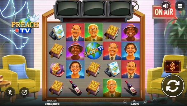Preach TV base game screenshot showing reels and features