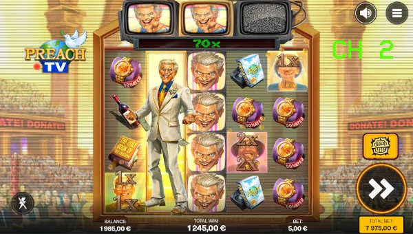 Screenshot of Preach TV slot demo showing reels and bonus game features