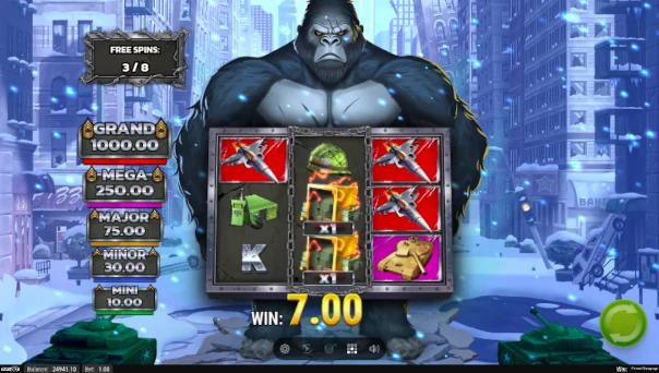 Screenshot of Primal Rampage slot demo showing reels and bonus game features