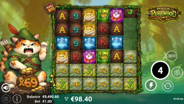 Screenshot of Prince Of Purrwood slot demo showing reels and bonus game features