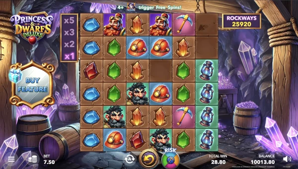 Princess and Dwarfs Deluxe base game screenshot showing reels and features