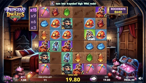 Screenshot of Princess and Dwarfs Deluxe slot demo showing reels and bonus game features