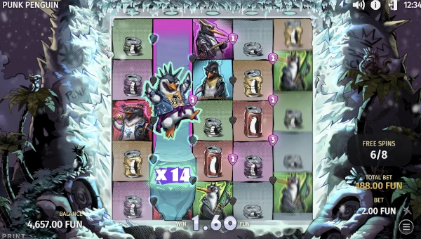 Screenshot of Punk Penguin slot demo showing reels and bonus game features