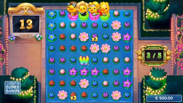 Screenshot of Quackers slot demo showing reels and bonus game features