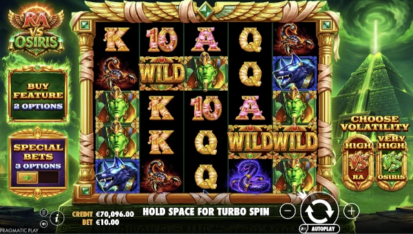 Ra vs Osiris base game screenshot showing reels and features