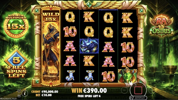 Screenshot of Ra vs Osiris slot demo showing reels and bonus game features