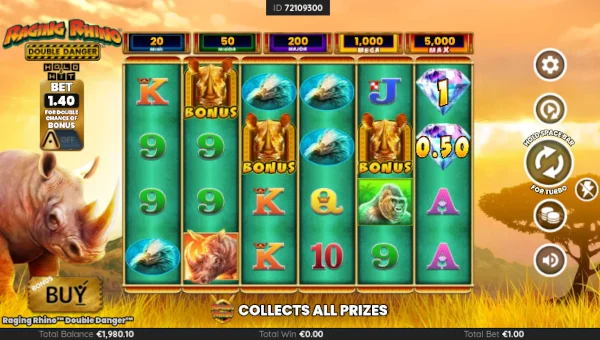 Raging Rhino Double Danger base game screenshot showing reels and features