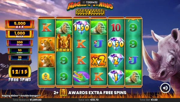 Screenshot of Raging Rhino Double Danger slot demo showing reels and bonus game features