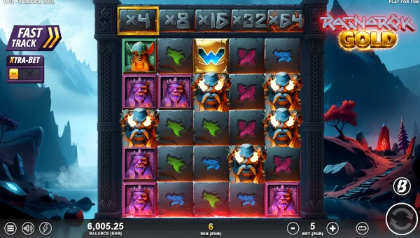 Ragnarok Gold base game screenshot showing reels and features