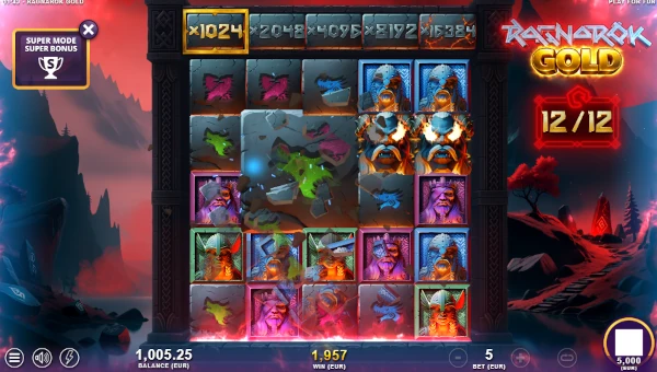 Screenshot of Ragnarok Gold slot demo showing reels and bonus game features