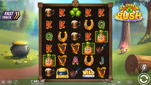 Rainbow Rush base game screenshot showing reels and features