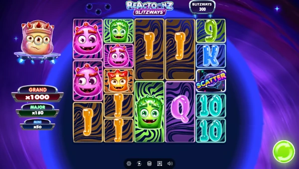 Reactoonz Blitzways base game screenshot showing reels and features
