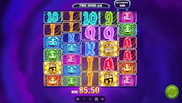 Screenshot of Reactoonz Blitzways slot demo showing reels and bonus game features