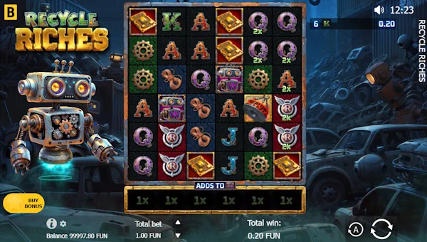 Recycle Riches base game screenshot showing reels and features