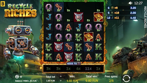 Screenshot of Recycle Riches slot demo showing reels and bonus game features