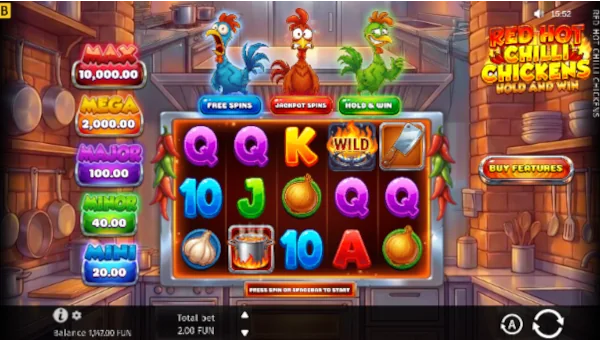 Red Hot Chilli Chickens base game screenshot showing reels and features