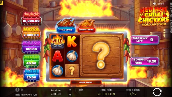 Screenshot of Red Hot Chilli Chickens slot demo showing reels and bonus game features