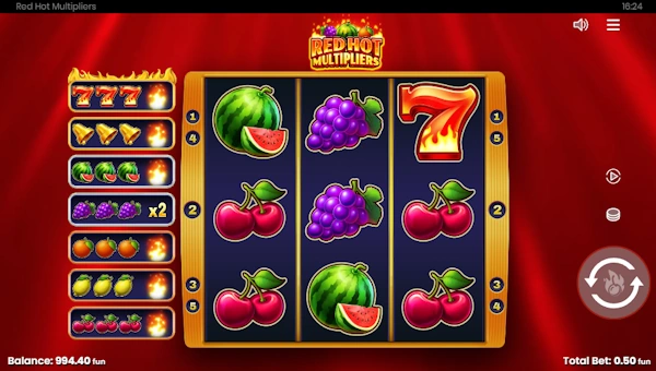 Red Hot Multipliers base game screenshot showing reels and features