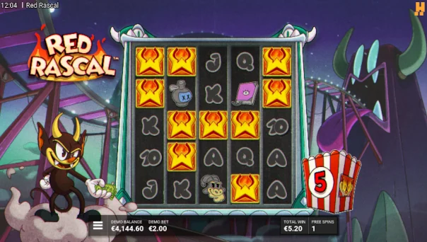 Screenshot of Red Rascal slot demo showing reels and bonus game features