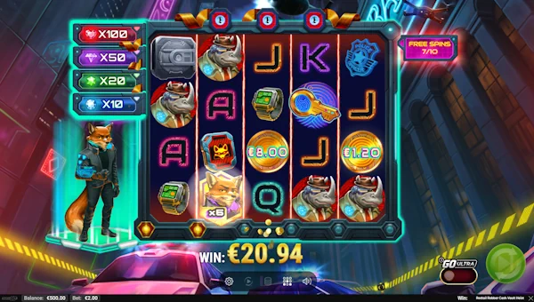 Screenshot of Redtail Robber Cash Vault Heist slot demo showing reels and bonus game features