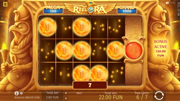Screenshot of Reel of Ra slot demo showing reels and bonus game features