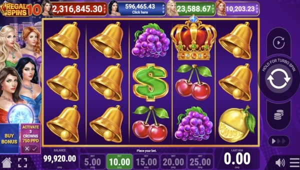 Regal Spins 10 base game screenshot showing reels and features