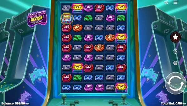 Retroverse base game screenshot showing reels and features