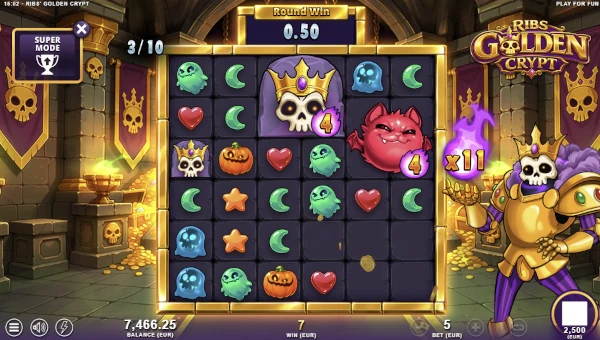 Screenshot of Ribs Golden Crypt slot demo showing reels and bonus game features