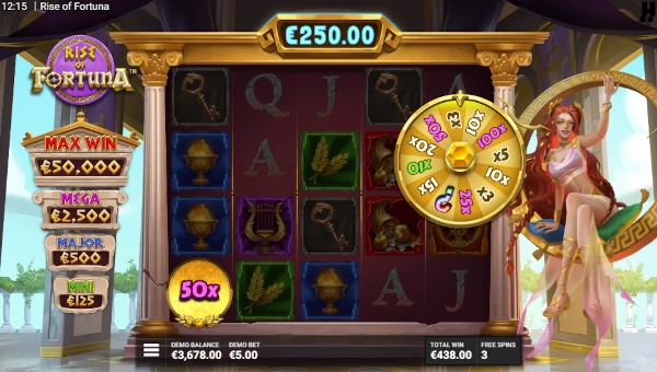 Screenshot of Rise of Fortuna slot demo showing reels and bonus game features