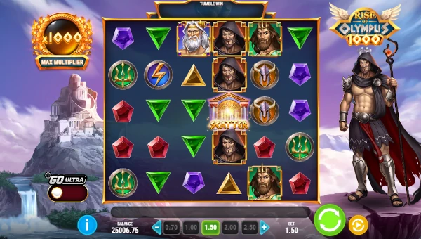 Rise of Olympus 1000 base game screenshot showing reels and features