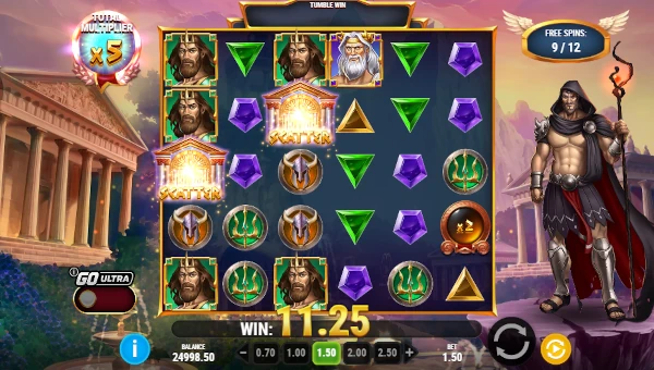Screenshot of Rise of Olympus 1000 slot demo showing reels and bonus game features