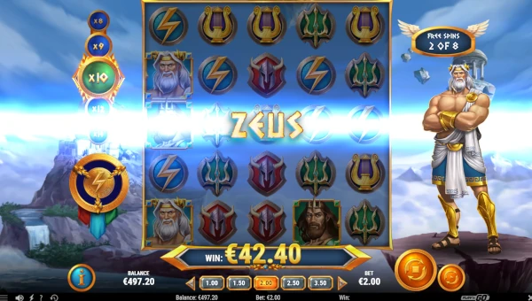 Screenshot of Rise of Olympus Extreme slot demo showing reels and bonus game features