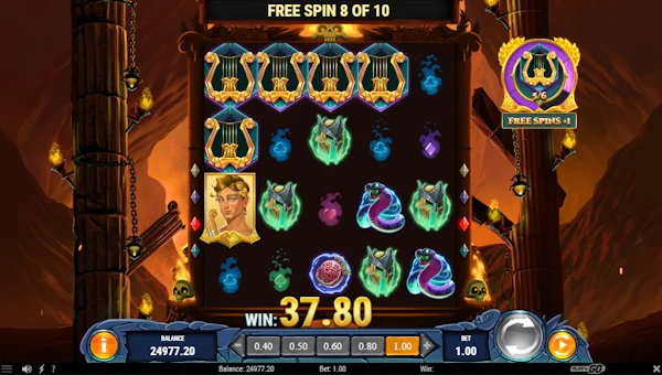 Screenshot of Rise of Orpheus slot demo showing reels and bonus game features