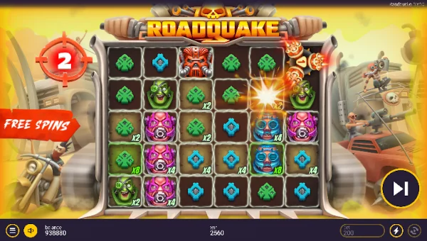 Screenshot of Roadquake slot demo showing reels and bonus game features