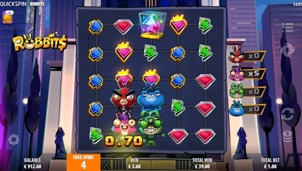 Screenshot of Robbits slot demo showing reels and bonus game features