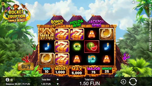 Rocket Eruption Triple Blast base game screenshot showing reels and features