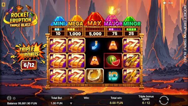 Screenshot of Rocket Eruption Triple Blast slot demo showing reels and bonus game features