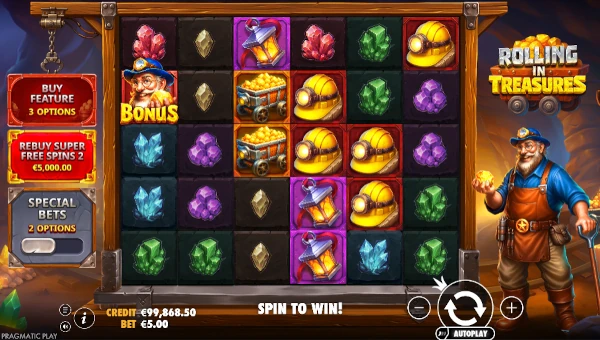 Rolling in Treasures base game screenshot showing reels and features