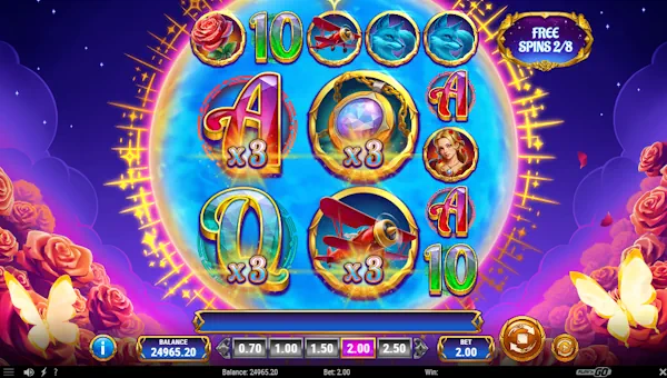 Screenshot of Rosy Orbit Treasure Turn slot demo showing reels and bonus game features