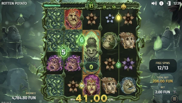 Screenshot of Rotten Potato slot demo showing reels and bonus game features
