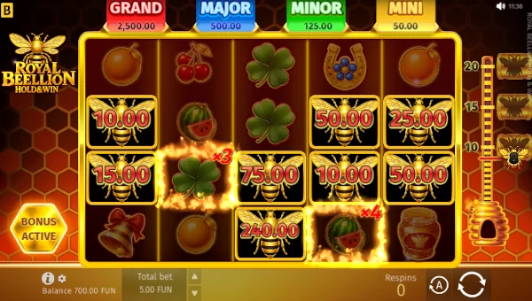 Screenshot of Royal Beellion slot demo showing reels and bonus game features