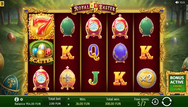 Screenshot of Royal Easter slot demo showing reels and bonus game features