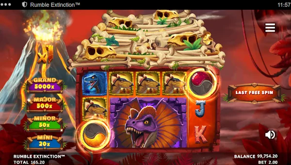Screenshot of Rumble Extinction slot demo showing reels and bonus game features